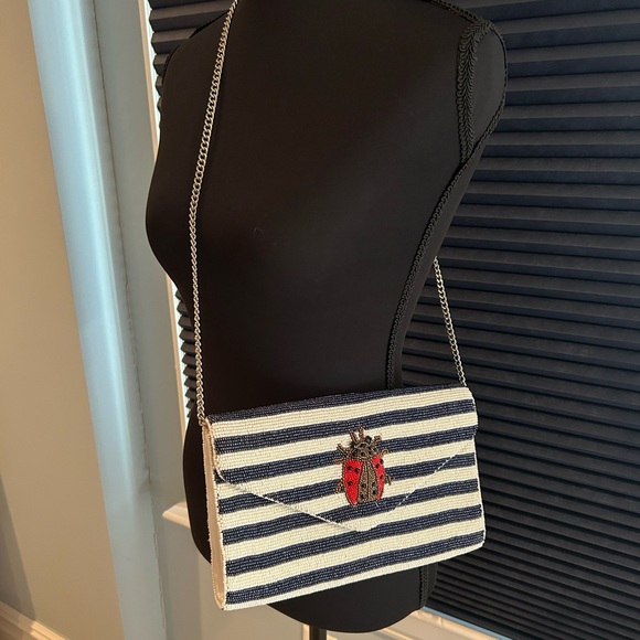 Tiana Striped Navy and White Clutch with Ladybug Accent - Picture 1 of 7